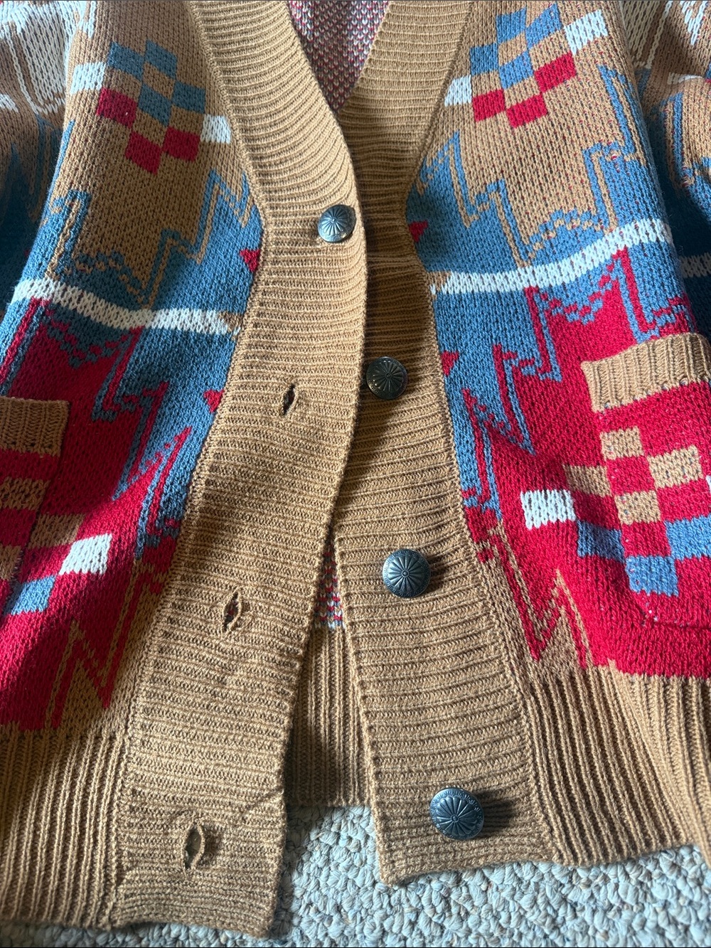 Wrangler Brown Southwestern Pattern Cardigan with Red & Blue Accents - Picture 3 of 4